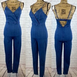 Haute Monde Denim Crossfront Peekaboo Back Bodycon Jumpsuit